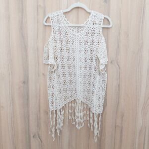 Marci Womens Crochet Fringe Top Size XL Cream Boho Festival Cottage Coastal